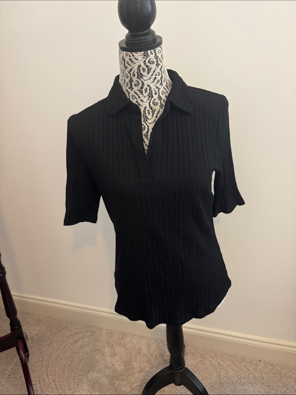 Ralph Lauren Black Ribbed Short Sleeve Polo Top